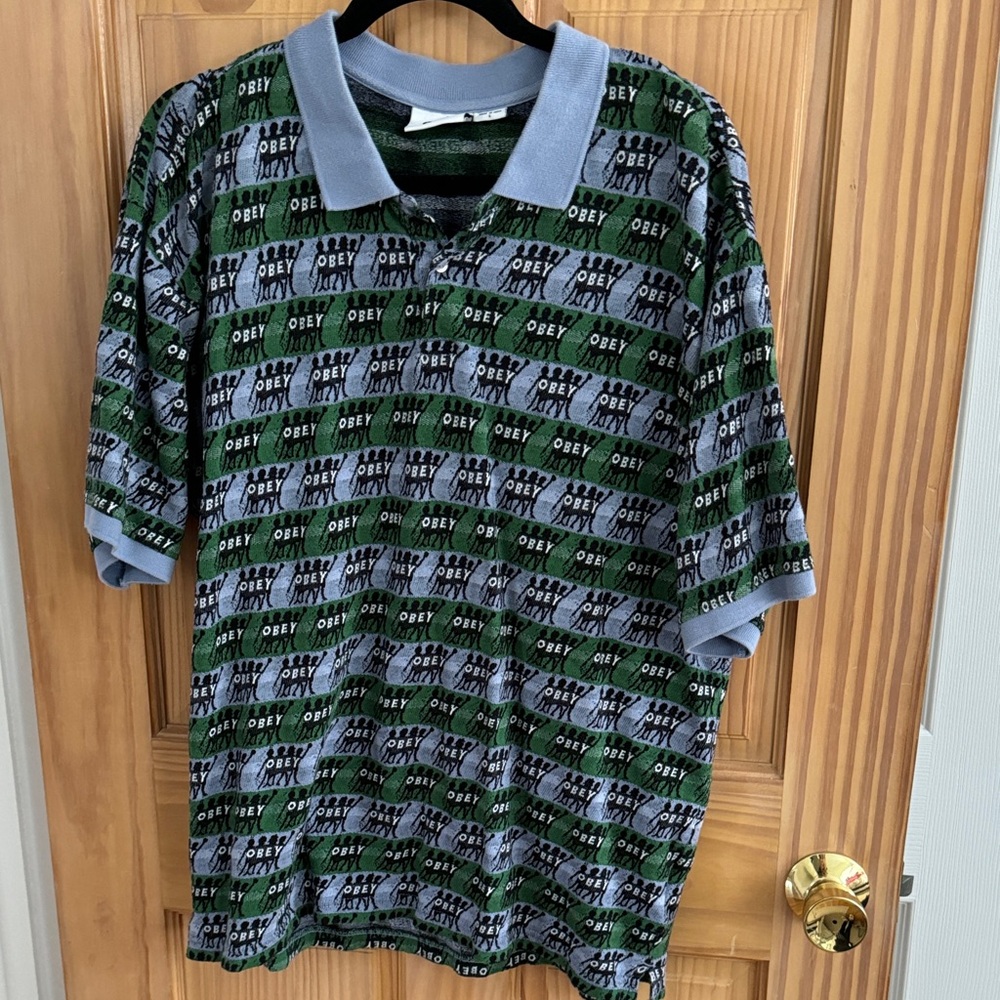 Obey Patterned Polo in Green and Blue